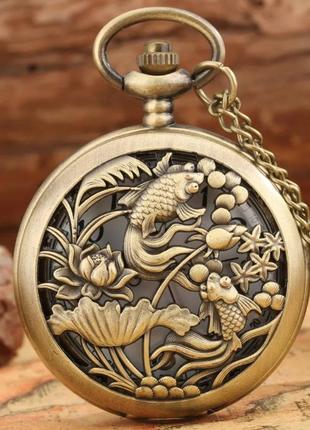 Чоловічий кишеньковий годинник на ланцюжку золоті рибки