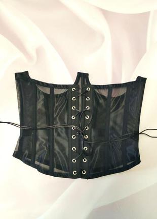 Женский корсет утягивающий подгрудный на 16ти косточках сетка с вставками, корсет на шнуровке черный