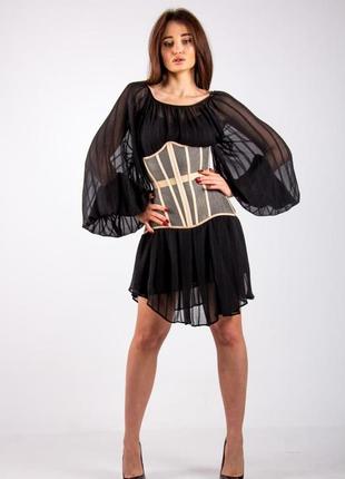 Жіночий корсет на 16 кісточках з прозорими вставками, моделює осанку, формує красиву талію бежевий ku-22