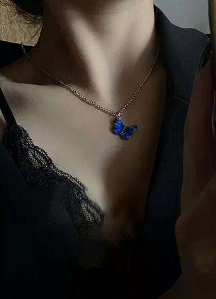 Цепочка кулон ожерелье бабочка на шею синяя2 фото