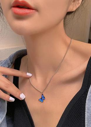 Цепочка кулон ожерелье бабочка на шею синяя5 фото