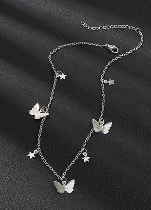 Цепочка кулон ожерелье бабочки со звёздами серебряный цвет2 фото