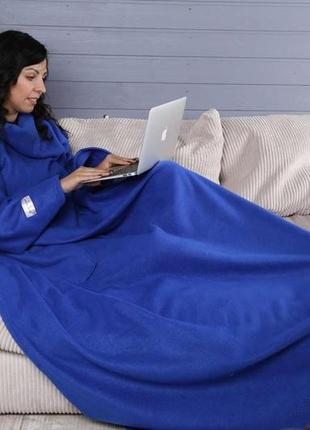 Зігрівальна ковдра плед халат з рукавами для читання та кишенями, рукоплед теплий флісовий синій 180х150 см mix8 фото
