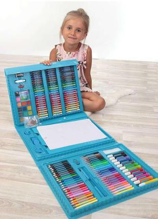 Детский раскладной художественный набор для рисования в чемоданчике с мольбертом на 208 предметов голубой gold3 фото