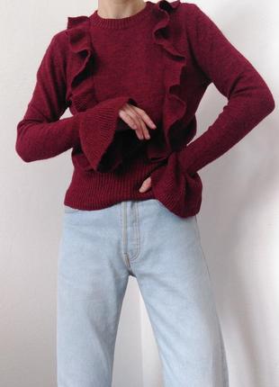 Бордовый свитер с воланамиmbym джемпер пуловер реглан лонгслив кофта с рюшами бордо4 фото