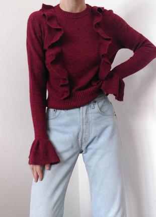 Бордовый свитер с воланамиmbym джемпер пуловер реглан лонгслив кофта с рюшами бордо2 фото