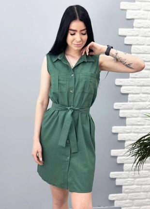 Льняное платье-рубашка с поясом без рукавов "journey" зеленое