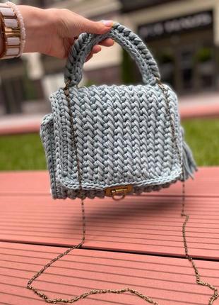 Стильная женская вязаная сумка ручной работы из трикотажной пряжи, качественная летняя сумочка бирюза, gs45 фото