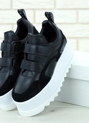 Женские кожаные кроссовки stella mccartney - platform sneakers black white. сникерсы.