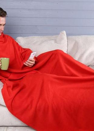 Зігрівальна ковдра плед халат з рукавами для читання та кишенями, рукоплед теплий флісовий червоний 180х150 см6 фото