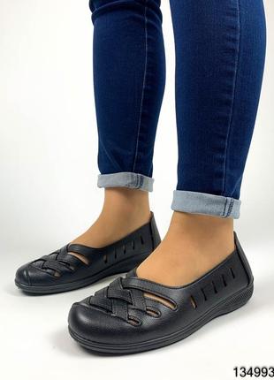 Мокасини жіночі чорні з перфорацією, шкіра еко. літні туфлі жіночі