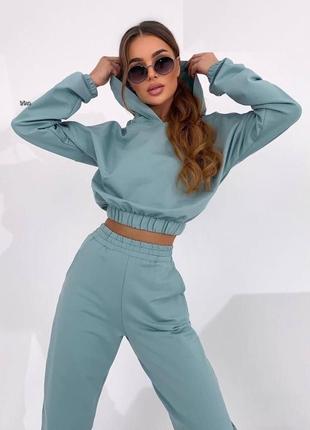 Зручний костюм двійка, кофта на гумці з капюшоном + зручні джогери, фісташка, пудра, чорний, тіффані, лаванда, турецька двохнитка