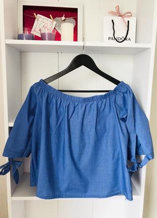 Хлопковая синяя футболка блуза со спущенными рукавами1 фото