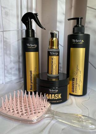 Набір з аргановою олією для догляду за волоссям ( термозахист,маска,шампунь,масло) top beauty1 фото