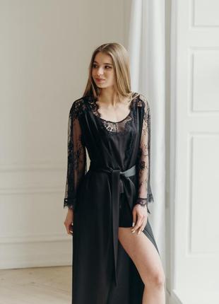 Serenade 774 длинный черный шелковый халат с французским кружевом7 фото