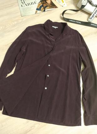 Стильная брэндовая блузка рубашка из натурального шелка оверсайз чернильного цвета5 фото