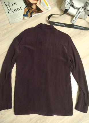 Стильная брэндовая блузка рубашка из натурального шелка оверсайз чернильного цвета7 фото