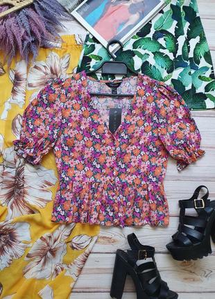 Натуральная летняя цветочная блуза рубашка с баской2 фото
