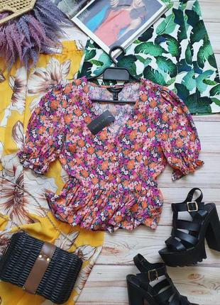Натуральная летняя цветочная блуза рубашка с баской5 фото