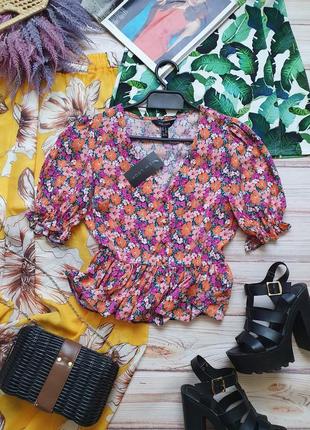 Натуральная летняя цветочная блуза рубашка с баской1 фото