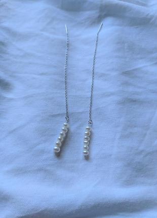 Серебряные серёжки- подвески, жемчужные серёжки- подвески, серьги с жемчугом2 фото