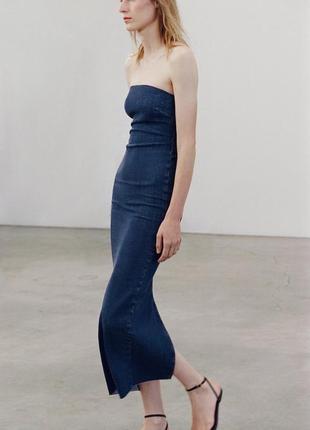 Платье женское синее джинсовое миди платье бюстье zara new