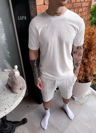 Мужской летний белый костюм футболка с шортами спортивный летний комплект шорты и футболка