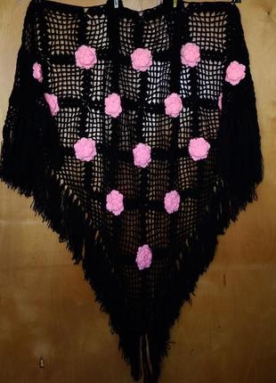 212 х 150 х 150 см очаровательный нарядный платок шаль накидка черная розами и бахромой1 фото