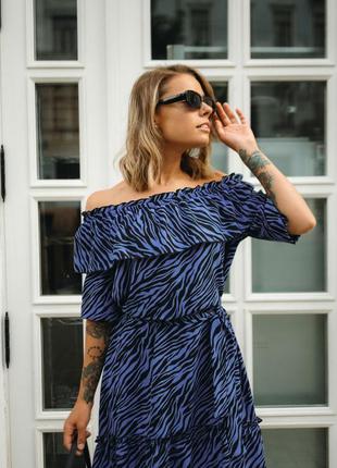 Платье женское синее летнее креп с открытыми плечами