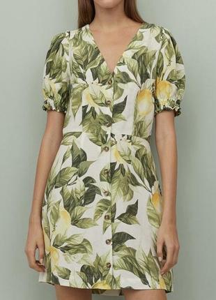 Платье мини сарафан цветы цветочный принт пышный рукав фонарик лен boohoo