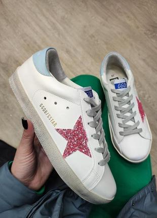 Женские кроссовки кеды белые+розовая звезда голден гуся golden goose white red star