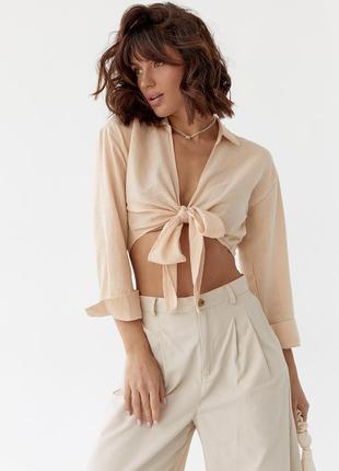 Женская укороченная блузка рубашка с длинным рукавом на запах1 фото