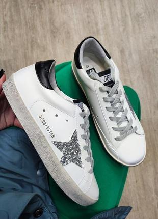 Женские кроссовки кеды белые+серебристая звезда голден гуся golden goose white shining star