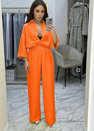 🎨 5 кольорів! шикарний легкий костюм жіночий креп жатка оранжевий помаранчевий весна літо2 фото