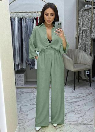 🎨 5 кольорів! шикарний жіночий костюм креп жатка фісташка брюки сорочка