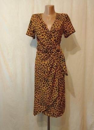Оранжевое леопардовое платье миди на запах с ремнем5 фото