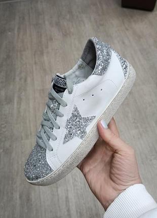 Женские кроссовки кеды белые+серебристая звезда голден гусь golden goose white shining star