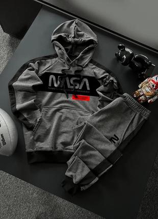 Весенний серый спортивный костюм nasa с капюшоном на манжете