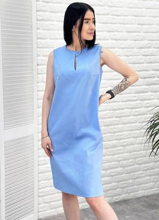 Льняное летнее платье туника голубое "viki"2 фото