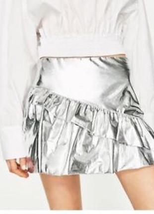Мини юбка zara trafaluc collection metallic silver серебристая диско под кожу металлик