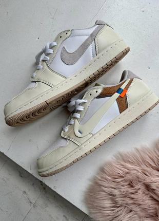 Женские кожаные кроссовки nike jordan 1 low og custom light khaki white