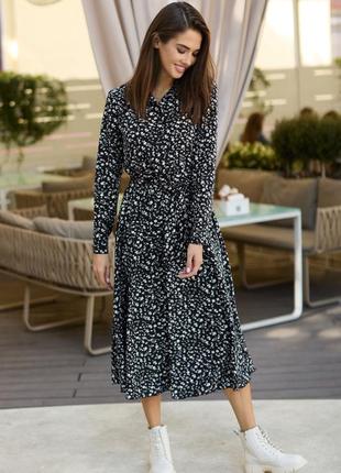 Платье-рубашка женское длинное шифоновое черное  в цветочный принт4 фото