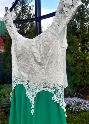 Платье асимметричное зеленый шифон/ белое кружево6 фото