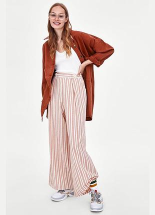 Zara льняные брюки палаццо широкие летние белые в полоску свободный крой экрю пижамный стиль