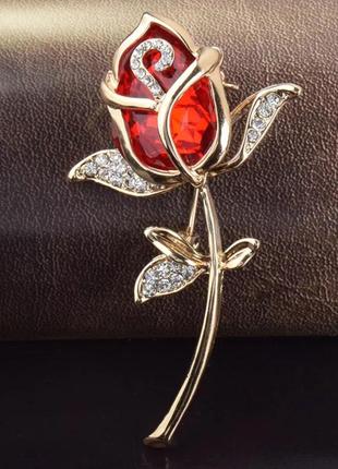Брошка жіноча червона троянда з камінням «red rose» (червоний)