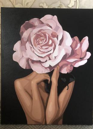 Картина акриловими фарбами дівчина троянда2 фото