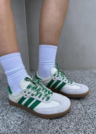 Нереальні кросівки колаборація adidas samba x wales bonner бежеві з зеленим8 фото