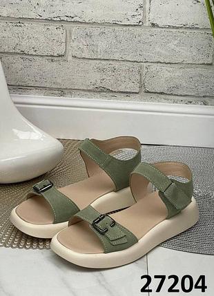 Классические босоножки на низком ходу липучка натуральная кожа замш