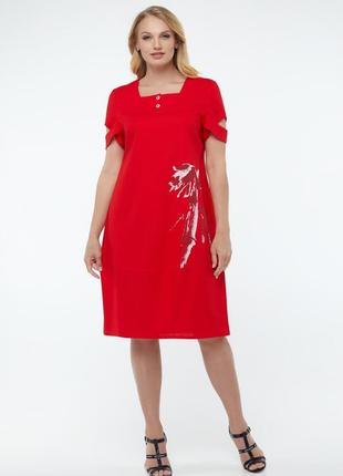 Женское льняное свободное платье красного цвета