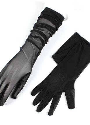 Перчатки черные длинные из стрейчевой сетки